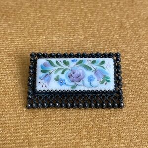 Antique Russian Silver Porcelain Enamel Floral Filigree Pin Brooch
